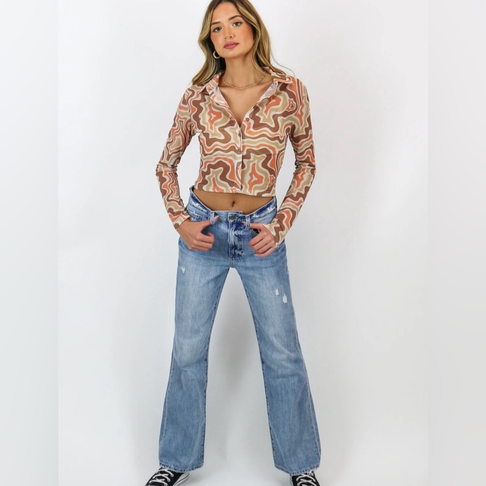 The Kript The Swoosh Brown & Pink Long Sleeve Crop Top Size X -Small NWOT